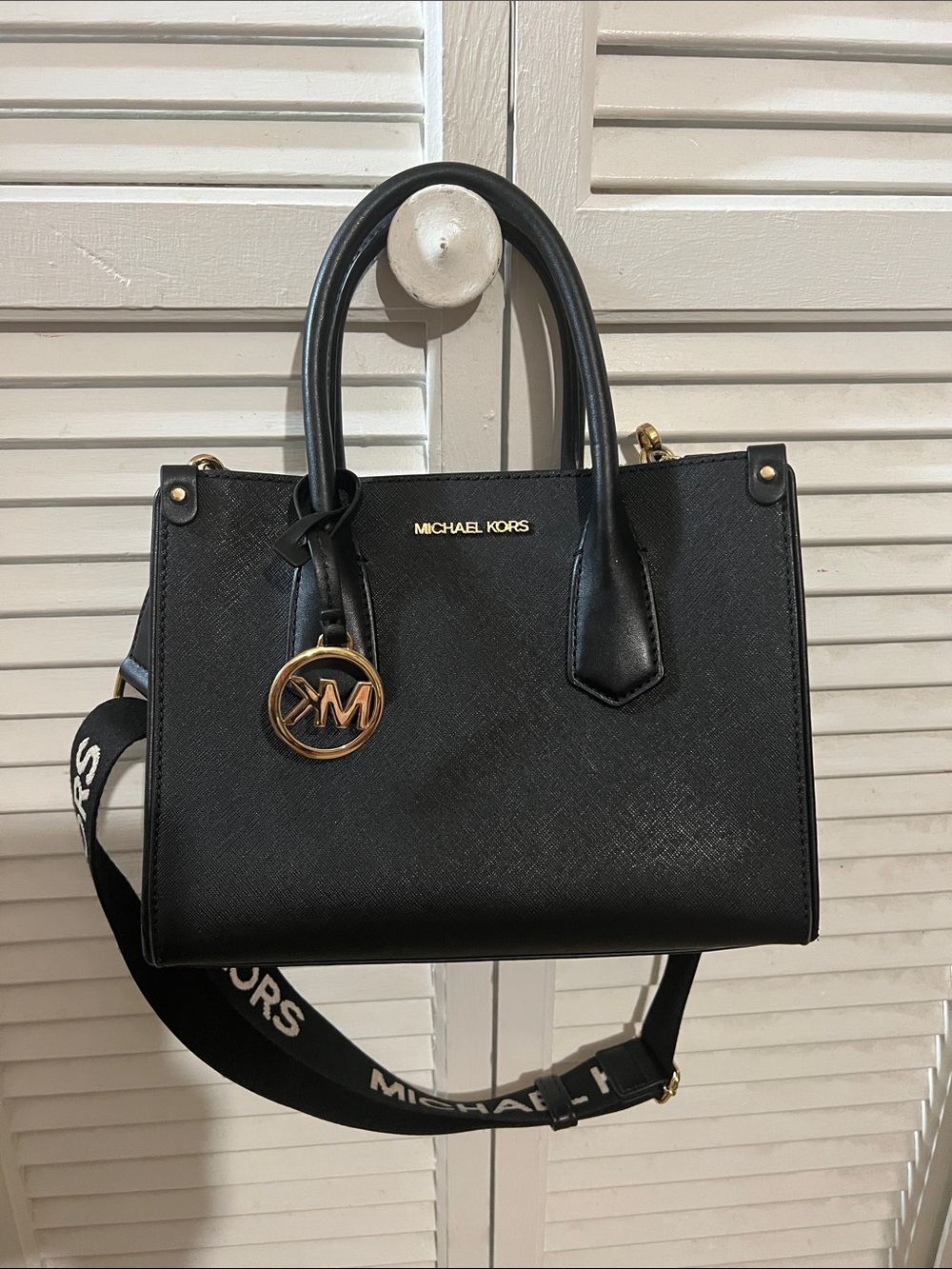 Michael Kors Black Saffiano Satchel with Logo Charm and Strap